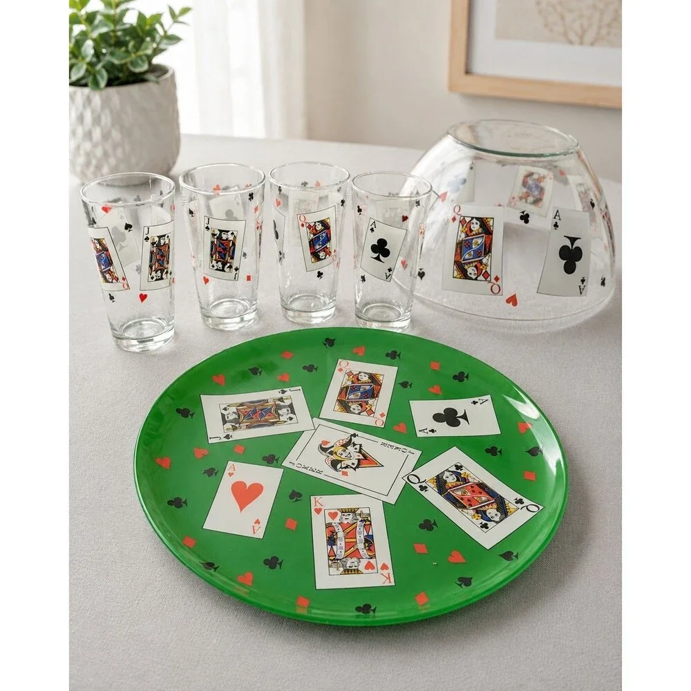 Vintage 6-Piece Playing Card Casino Glassware Set Tumblers Bowl & Tray